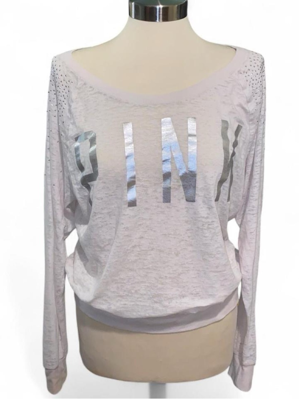 Victoria's Secret Light Pink Long Sleeve Logo Tee With Silver Rhinestone Detail